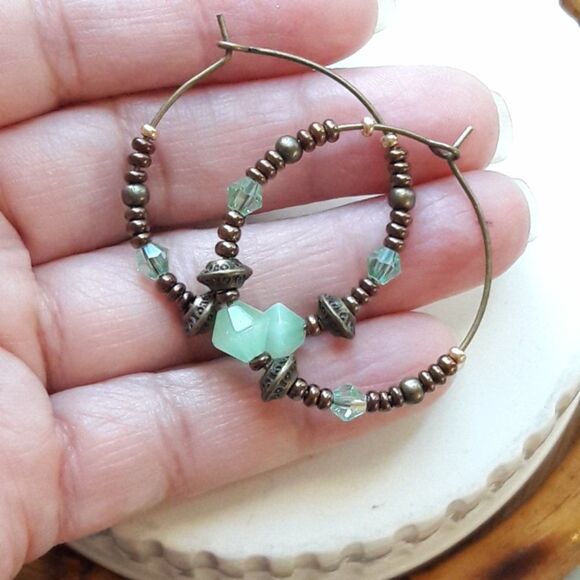 artisan earrings 493#mfs Green Crystal Hoop Earrings Bronze beads handmade bohoc - Picture 5 of 5